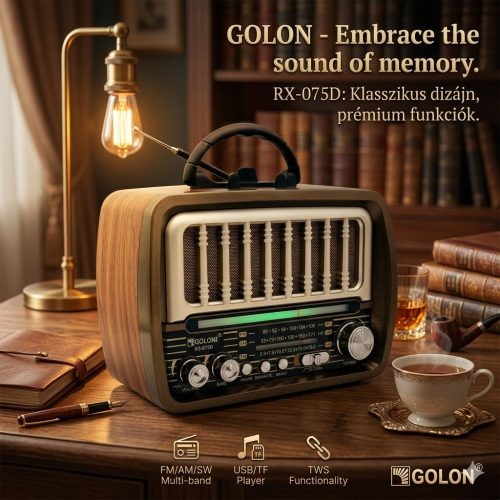 Golon RX-075D Retro USB rádió – napelemes újratölthető, fa hatású kivitelben