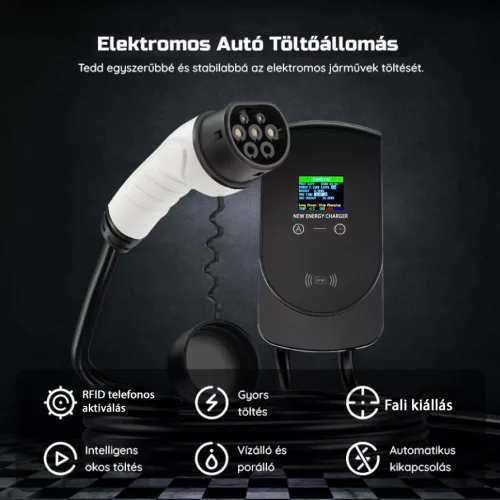 NewEnergy Fali Töltőállomás elektromos autókhoz és egyéb járművekhez, színes képernyős,kártyás, 5 méter 7 kw,32A,type2 csatlakozóval