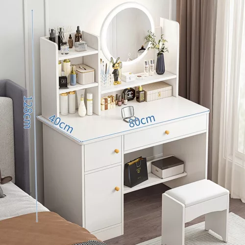 Sminkasztal tükörrel – Többzónás tárolás és tágas asztallap, fehér, 80x40x128 cm