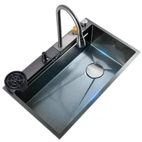   Multifunkciós konyhai mosogató, 68x45 cm - Beépített poháröblítővel, 360°-ban forgatható, kihúzható csaptelep vízesés funkcióval