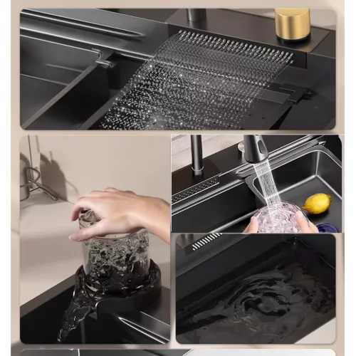 Multifunkciós konyhai mosogató, 68x45 cm - Beépített poháröblítővel, 360°-ban forgatható, kihúzható csaptelep vízesés funkcióval