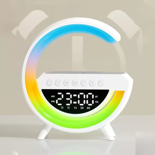 Mini Multimédiás bluetooth hangszoró, vezeték nélküli töltőpad, ébreszőóra, RGB LED LÁMPA
