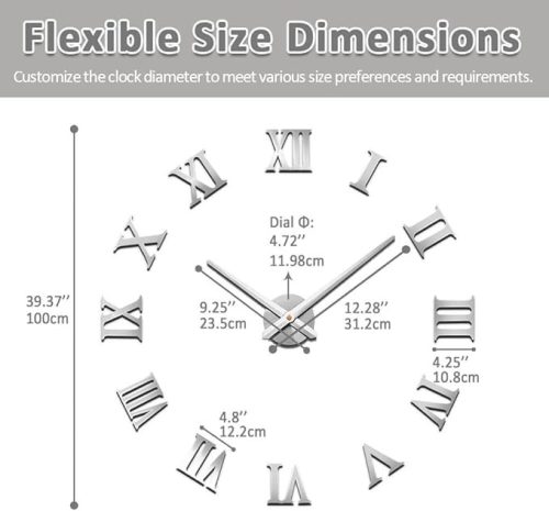 Nagyméretű DIY Modern Halk Falióra – 3D Öntapadós Római Számos, Ezüst Színben (90 cm – 1,8 m, szabadon állítható méret)