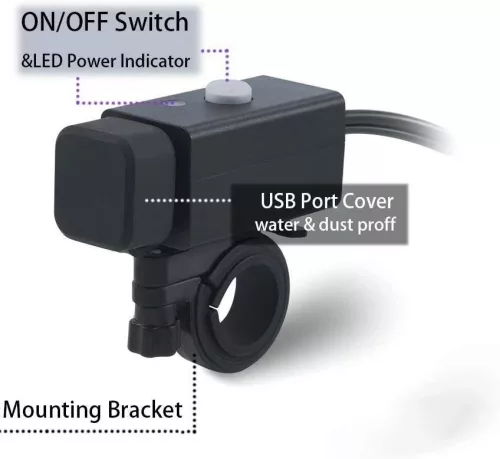 iMESTOU Motoros USB Töltő – 5V 2.1A, vízálló, dupla USB, kapcsolóval és biztosítékkal (12V/24V)