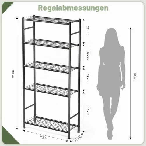 KINGRACK 5 szintes fém tárolópolc oldalsó kampókkal, fekete