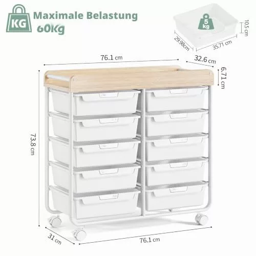 KINGRACK gurulós tárolókocsi 10 fiókkal, fehér