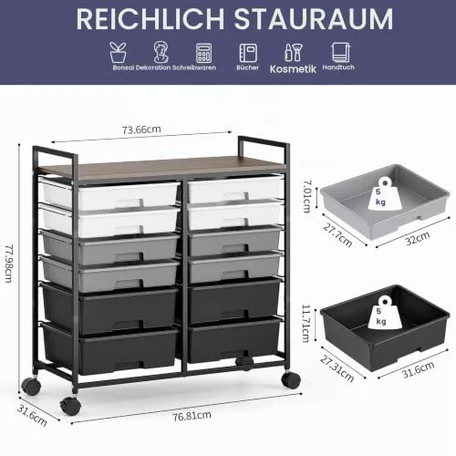 KINGRACK gurulós tárolókocsi 12 fiókkal, szürke