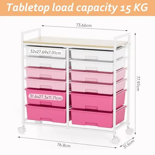 KINGRACK gurulós tárolókocsi 12 fiókkal, rózsaszín
