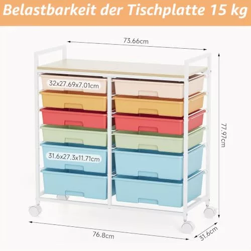 KINGRACK gurulós tárolókocsi 12 fiókkal, színes