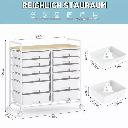 KINGRACK gurulós tárolókocsi 12 fiókkal, fehér