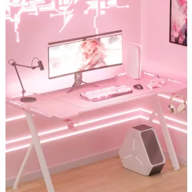   Dowinx RGB Gamer számítógépasztal, 120x60 cm, pink- Pohártartó, fejhallgató tartó, távirányító