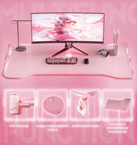 Dowinx RGB Gamer számítógépasztal, 120x60 cm, pink- Pohártartó, fejhallgató tartó, távirányító
