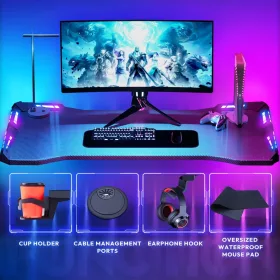   Dowinx RGB Gamer számítógépasztal, 120x60 cm, fekete- Pohártartó, fejhallgató tartó, távirányító