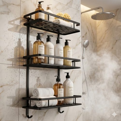 3 szintes fekete fürdőszobai fali polc – négyzet alakú, fúrás nélkül