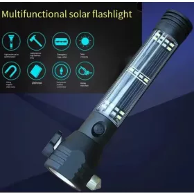   Multifunkciós LED zseblámpa napelemes töltéssel, biztonsági kalapáccsal és övvágóval