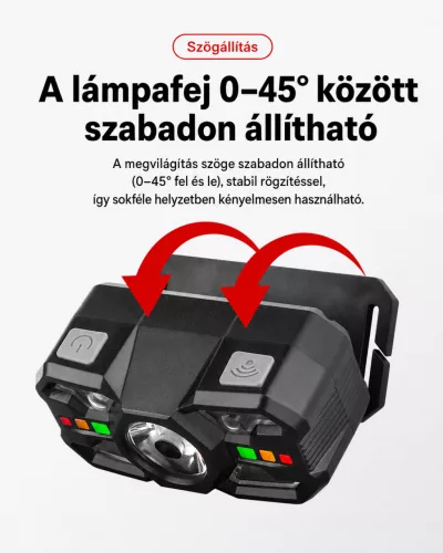 Piros-fehér fényű szenzoros LED fejlámpa – újratölthető, könnyű kivitel