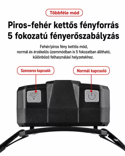 Piros-fehér fényű szenzoros LED fejlámpa – újratölthető, könnyű kivitel