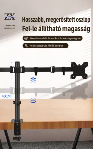 ZX-MT022N dupla monitorállvány – teleszkópos, forgatható asztali tartó
