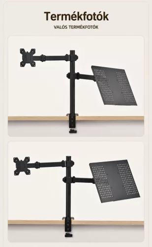 Kétkaros asztali monitor- és laptopállvány 10–32 colos kijelzőkhöz, csíptetős rögzítéssel