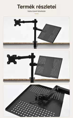 Kétkaros asztali monitor- és laptopállvány 10–32 colos kijelzőkhöz, csíptetős rögzítéssel
