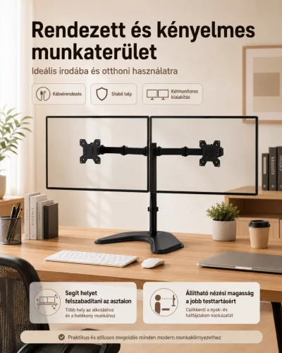 Dupla monitor tartó állvány 10–32 colos kijelzőkhöz, forgatható és állítható mechanikus karral