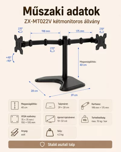 Dupla monitor tartó állvány 10–32 colos kijelzőkhöz, forgatható és állítható mechanikus karral