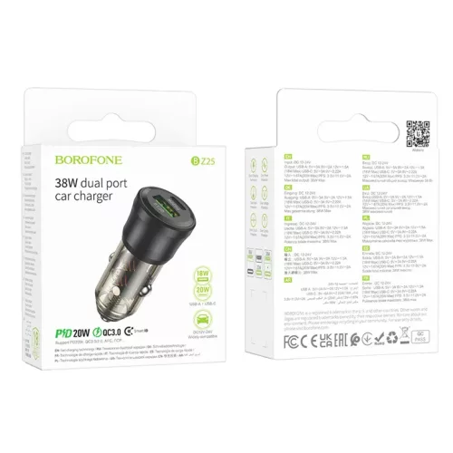 Borofone BZ25 Journey 38 W USB-A/USB-C autós töltő + 1 m USB-C–USB-C kábel, fekete