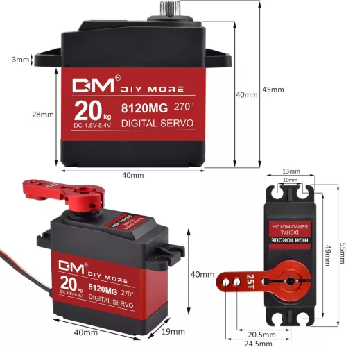 diymore 8120MG vízálló digitális szervó – 20 kg, 270°, 2 db