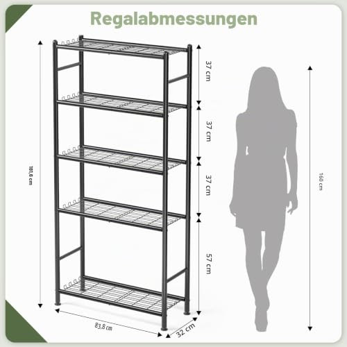 KINGRACK 5 szintes fém tárolópolc oldalsó kampókkal, fekete kialakítása