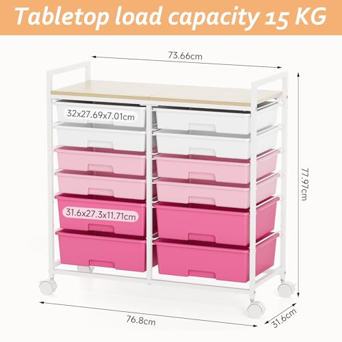 KINGRACK gurulós tárolókocsi 12 fiókkal, rózsaszín kialakítása