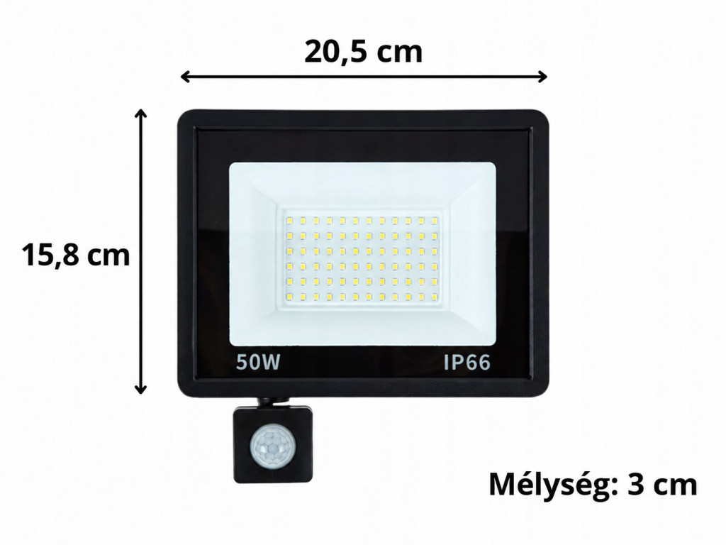 50 W LED reflektor méretei: 20,5 × 15,8 × 3 cm