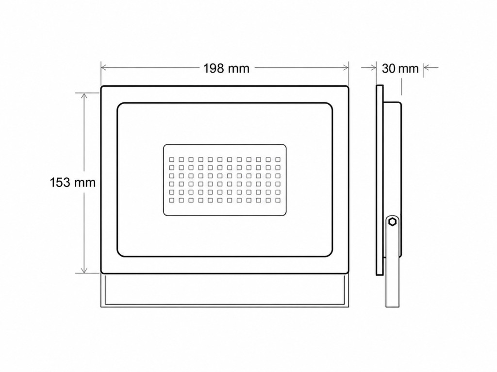 A LED reflektor mérete: 198 × 153 × 30 mm