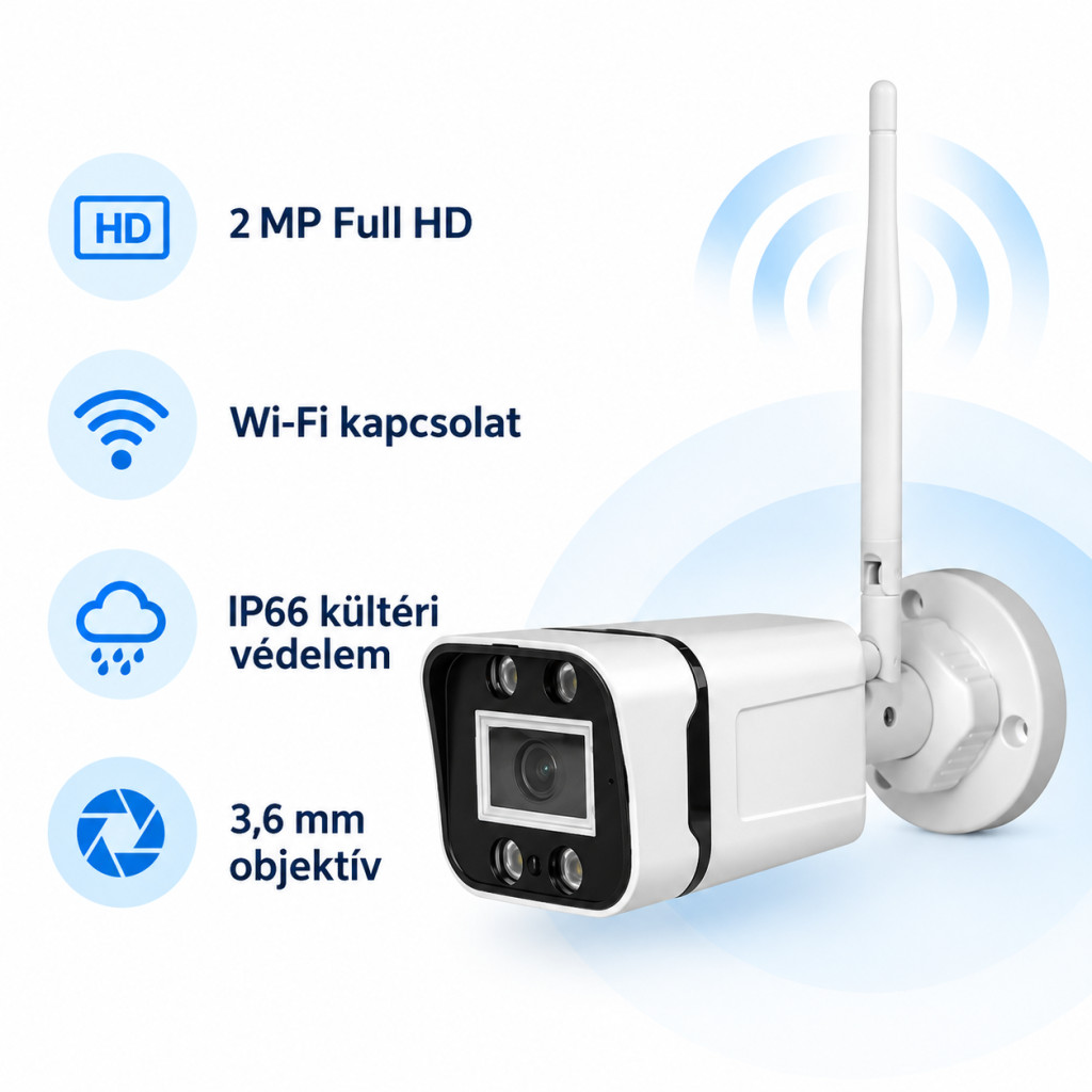 2 MP Full HD Wi-Fi kamera IP66 kültéri védelemmel és 3,6 mm-es objektívvel