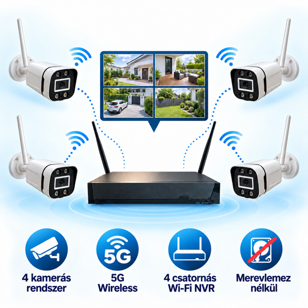 4 csatornás 5G Wireless Wi-Fi NVR négy kamerával, merevlemez nélkül