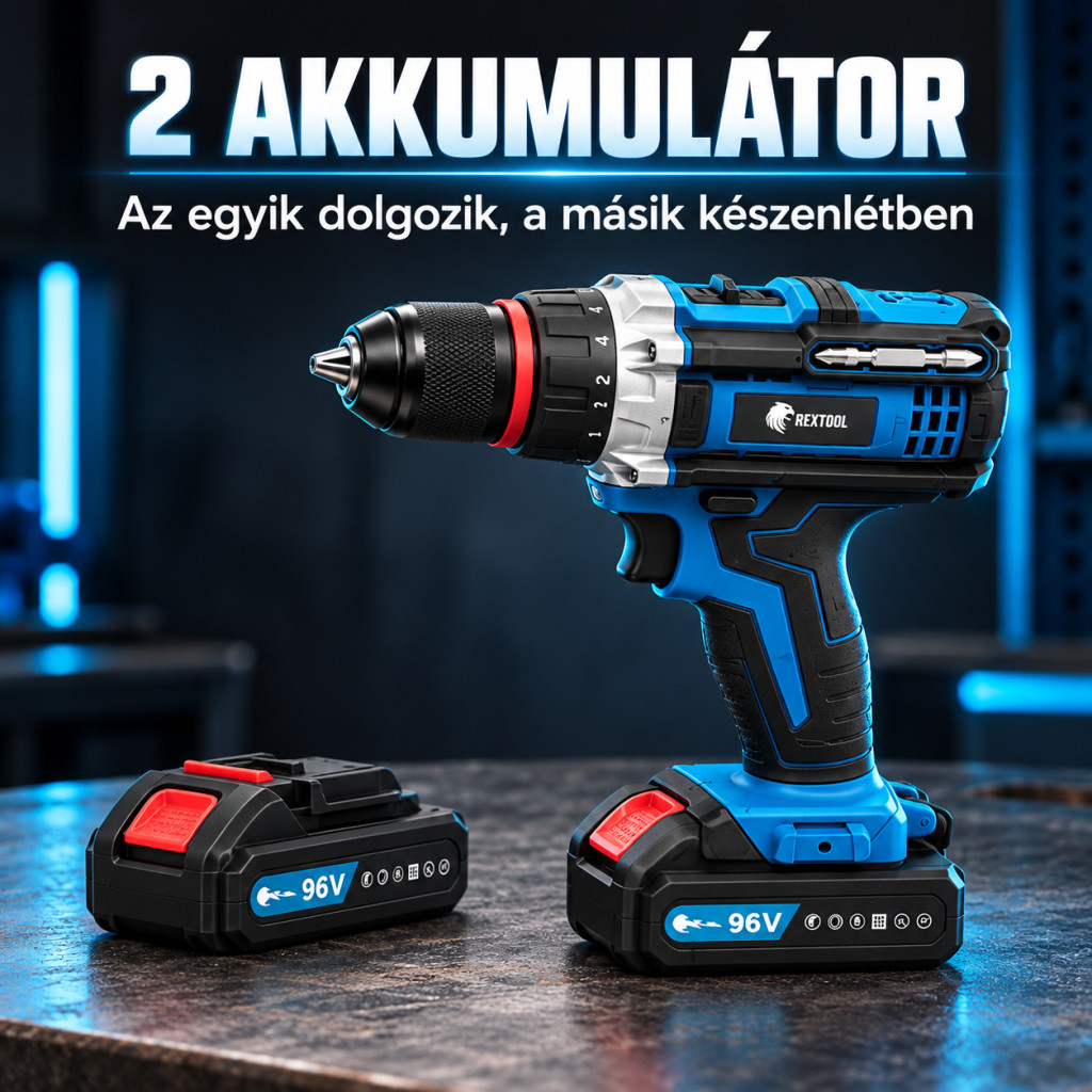 REXTOOL fúró-csavarozó két akkumulátorral