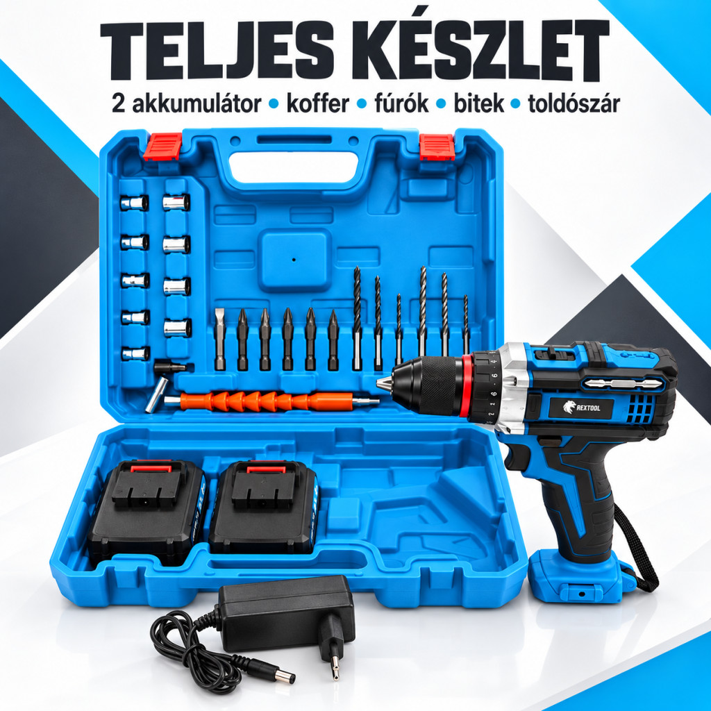 A teljes REXTOOL fúró-csavarozó készlet tartalma