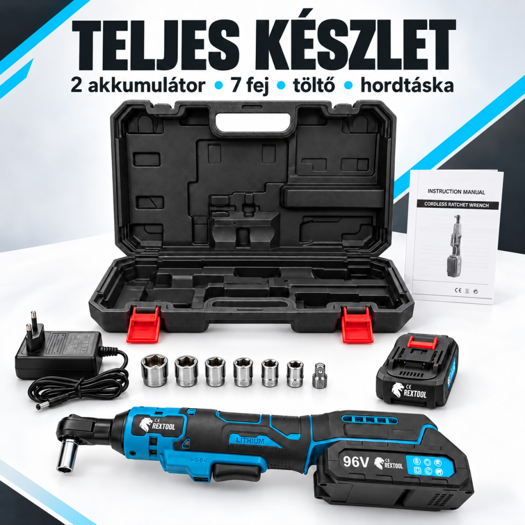A teljes REXTOOL racsnis csavarbehajtó készlet tartalma